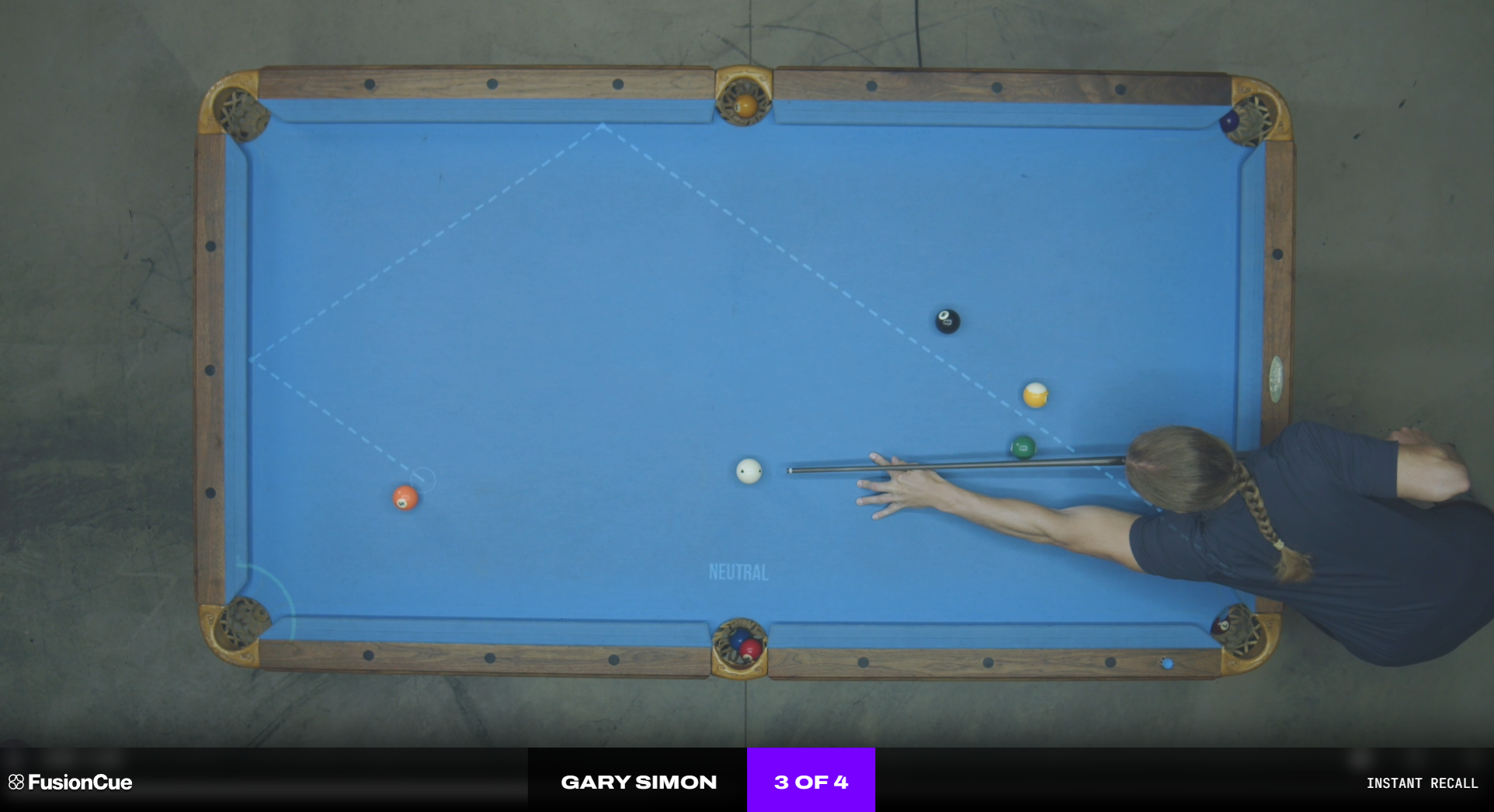 A projected FusionCue drill running on a pool table
