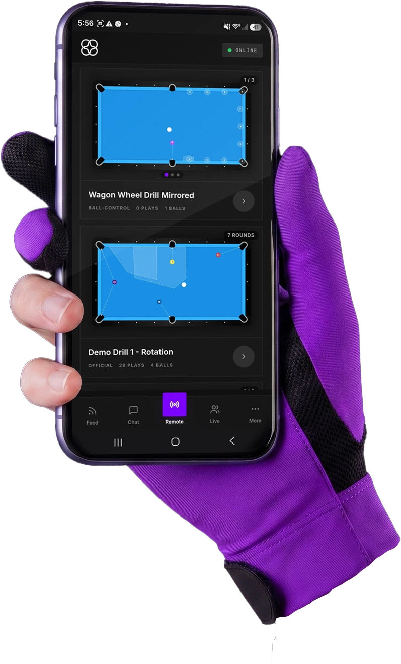 Gloved hand holding a phone running the FusionCue controller